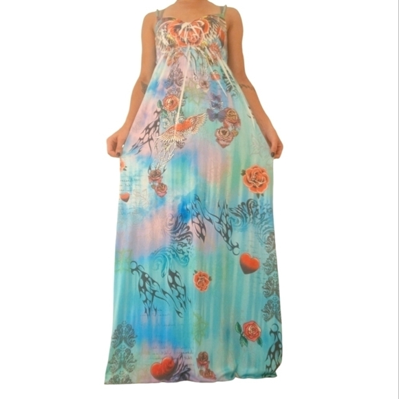 Vegas Royalty Blue Pink Roses Gothic Maxi Dress S-M - Picture 3 of 8